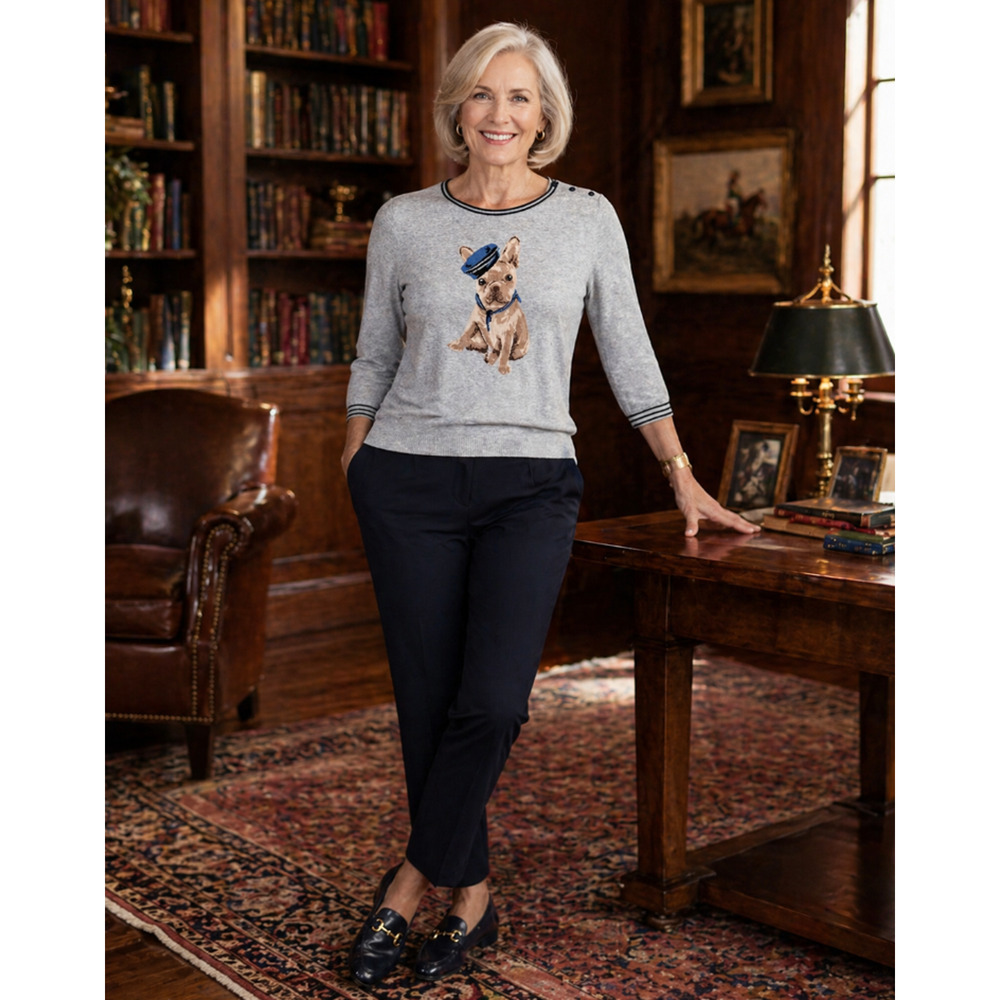 Talbots French Bulldog Nautical Womens Sweater Small Preppy Novelty Academia